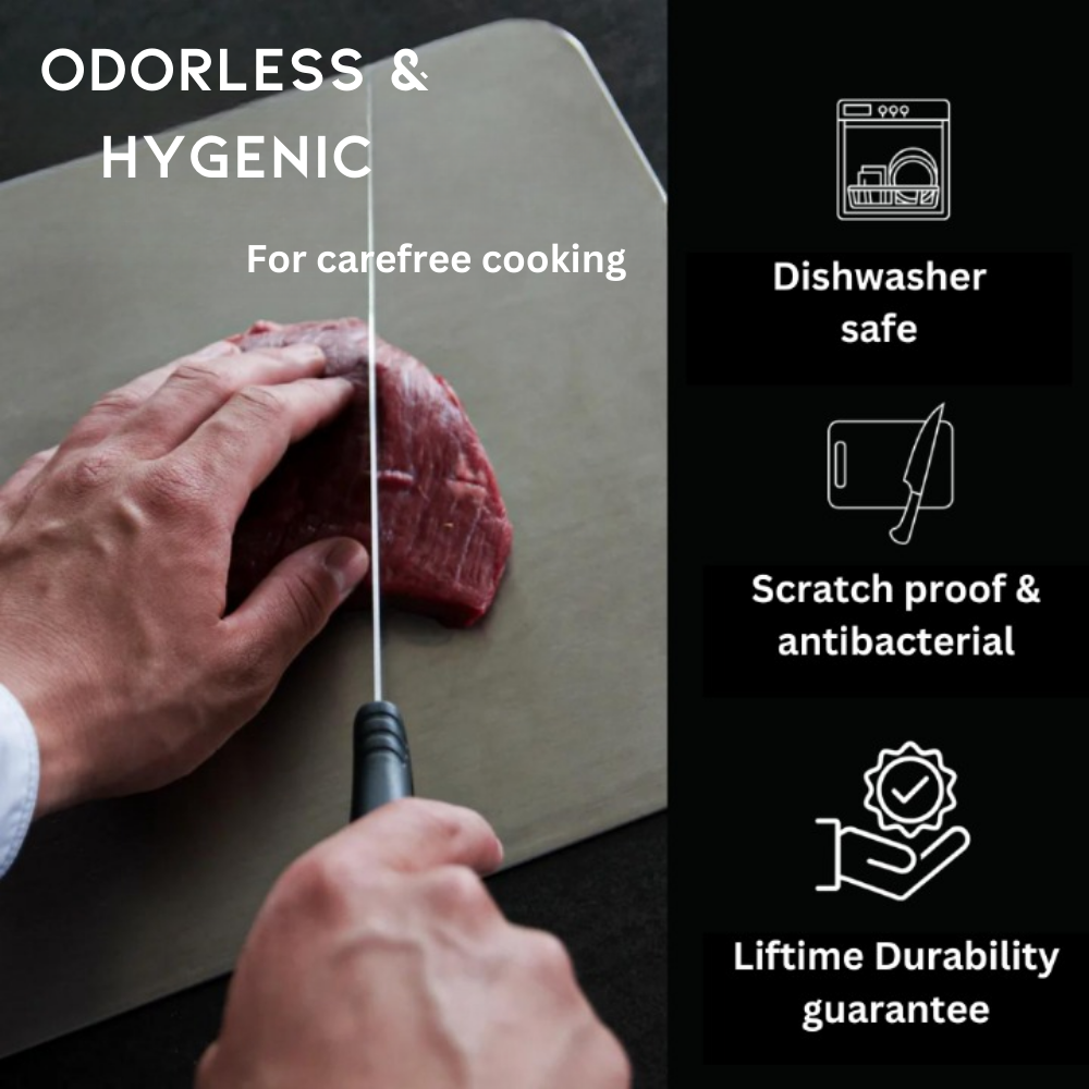 Medical grade titanium cutting board with non-porous silver surface, rounded edges, and ergonomic design for ultimate hygiene