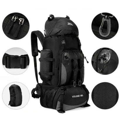 "Men's 90L waterproof hiking backpack, lightweight, durable, with ergonomic straps and multiple compartments, in blue color."
