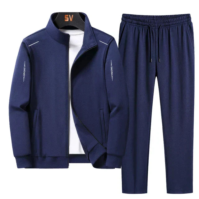 Men's athletic tracksuit set with zip-up jacket and joggers, black design, perfect for workouts and casual outings.
