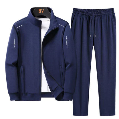 Men's athletic tracksuit set with zip-up jacket and joggers, black design, perfect for workouts and casual outings.