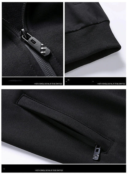 Men's athletic tracksuit set with zip-up jacket and joggers, black design, perfect for workouts and casual outings.