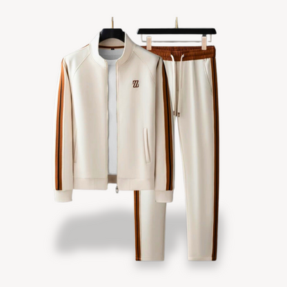 Men's beige tracksuit set with contrast stripes, featuring a slim fit, ribbed cuffs, and elastic waist, perfect for casual st