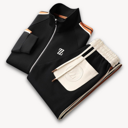 Men's beige tracksuit set with contrast stripes, featuring a slim fit, ribbed cuffs, and elastic waist, perfect for casual st