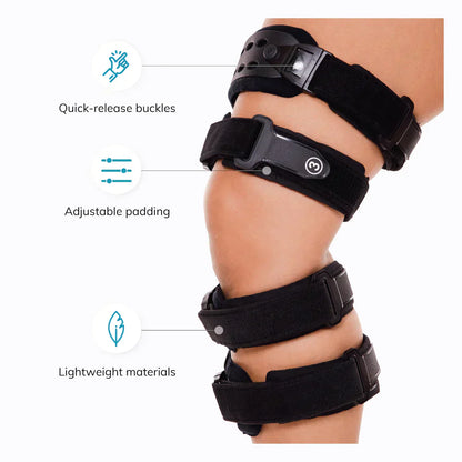 Men's black osteoarthritis unloader knee brace with adjustable straps, medial-lateral support, ideal for pain relief and mobi