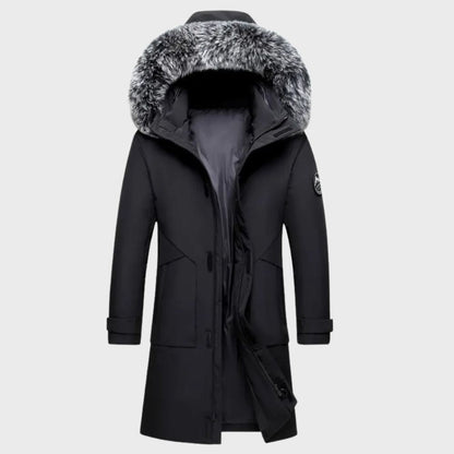 Men's blue thermal waterproof jacket with fur lining, featuring a stylish fit, ideal for winter weather protection.