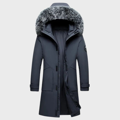 Men's blue thermal waterproof jacket with fur lining, featuring a stylish fit, ideal for winter weather protection.