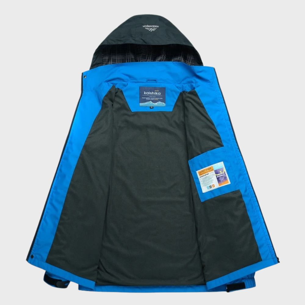 "Men's blue waterproof wind jacket for all seasons, sleek tailored fit, suitable for outdoor adventures and casual wear."