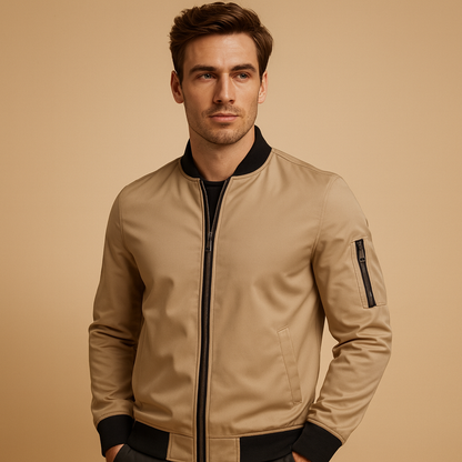 Men’s lightweight bomber jacket with classic design and zipper closure, suitable for all seasons and casual styling.