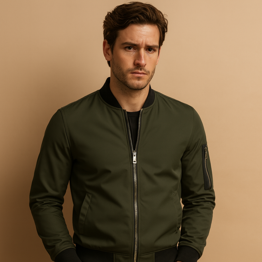 Men’s lightweight bomber jacket with classic design and zipper closure, suitable for all seasons and casual styling.