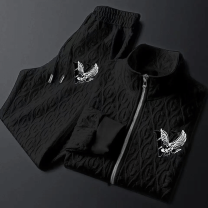 Men's cable-knit tracksuit set, full-zip jacket, drawstring pants, elegant and comfortable design, ideal for casual wear.