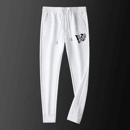 Men's cable-knit tracksuit set, full-zip jacket, drawstring pants, elegant and comfortable design, ideal for casual wear.