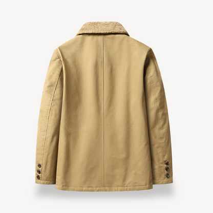 "Men's camel sherpa-lined fleece jacket, stylish winter outerwear with full-zip, wide collar, and side pockets"