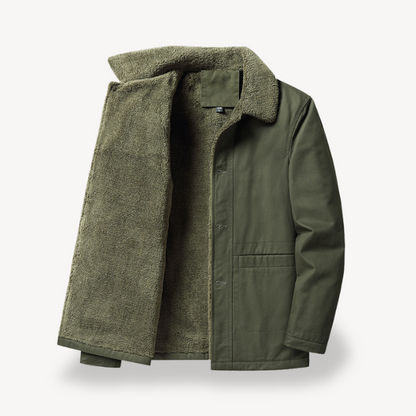 "Men's camel sherpa-lined fleece jacket, stylish winter outerwear with full-zip, wide collar, and side pockets"