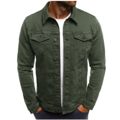 "Men's casual denim jacket with multi-pocket design, stylish fit, blue wash, showcasing front view and rugged texture."