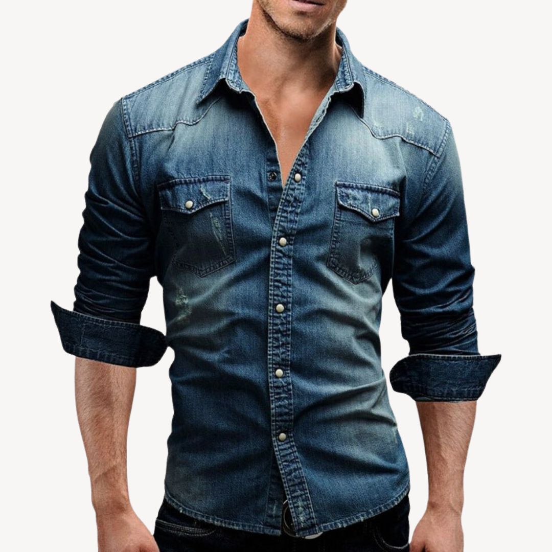 Rugged Cowboy Style Denim Shirt with Snaps - Luxivelle