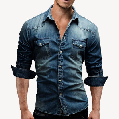 Rugged Cowboy Style Denim Shirt with Snaps - Luxivelle