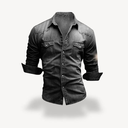 Men's classic denim Western shirt with snap buttons, classic blue. Featuring pointed yokes and flap chest pockets.