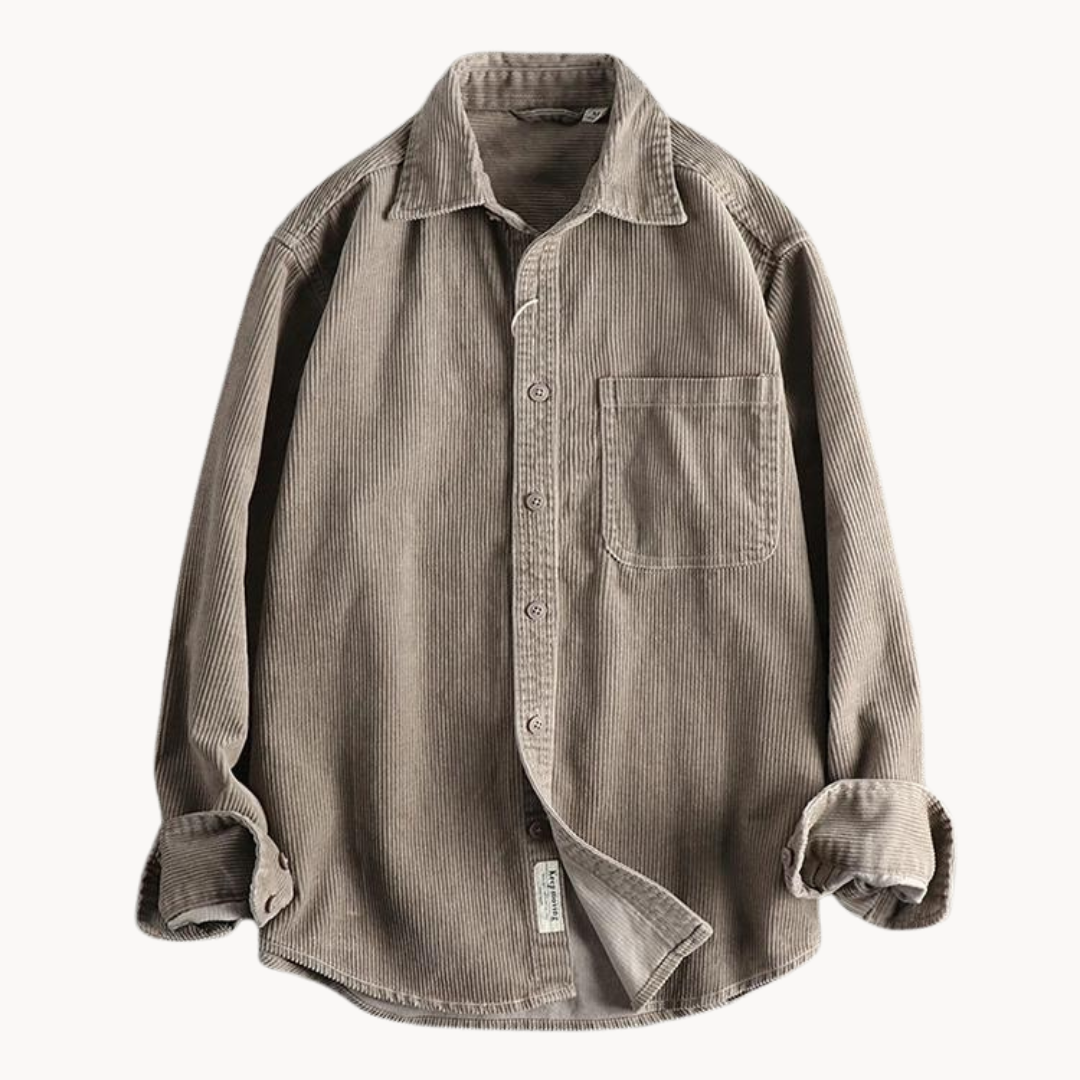 Men's classic orange corduroy shirt with button-down front and textured fabric, ideal for layering and timeless style.