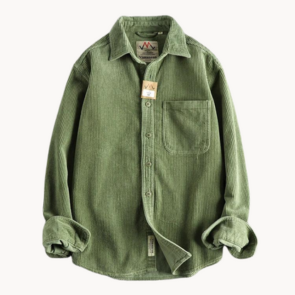 Men's classic orange corduroy shirt with button-down front and textured fabric, ideal for layering and timeless style.