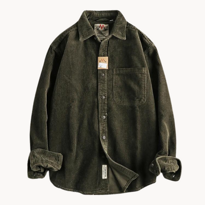 Men's classic orange corduroy shirt with button-down front and textured fabric, ideal for layering and timeless style.