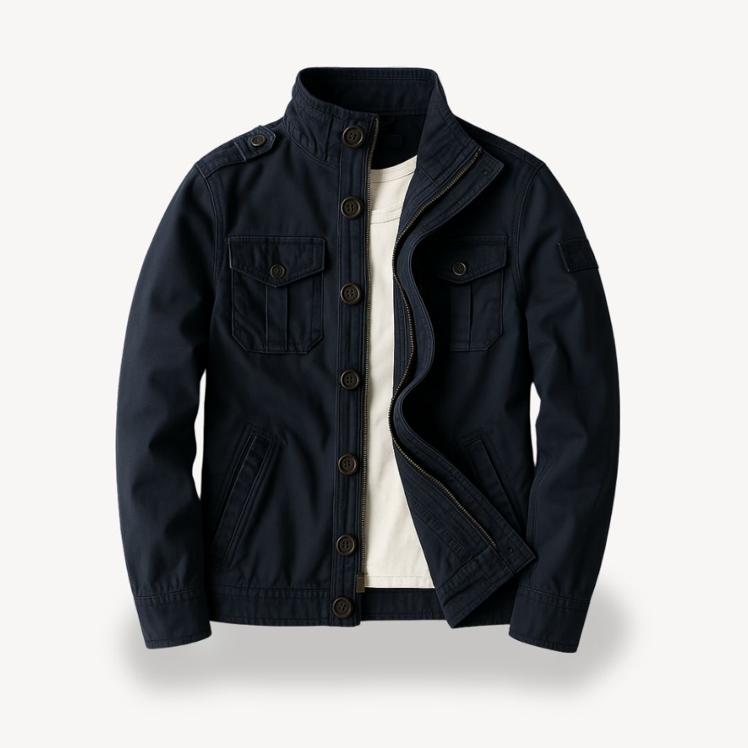 "Men's cotton field jacket, military style, army green, front view with four flap pockets and stand-up collar."