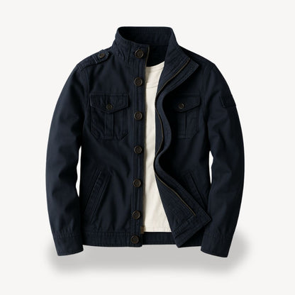 "Men's cotton field jacket, military style, army green, front view with four flap pockets and stand-up collar."
