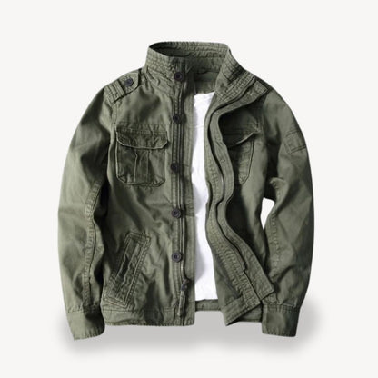 "Men's cotton field jacket, military style, army green, front view with four flap pockets and stand-up collar."