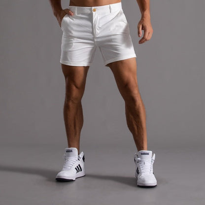 Men's cotton knee-length chino shorts in khaki, featuring a classic summer design and breathable material, ideal for casual w