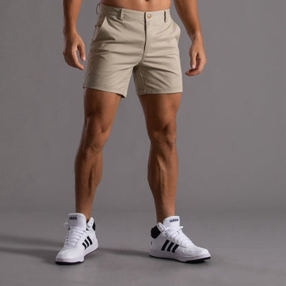 Men's cotton knee-length chino shorts in khaki, featuring a classic summer design and breathable material, ideal for casual w