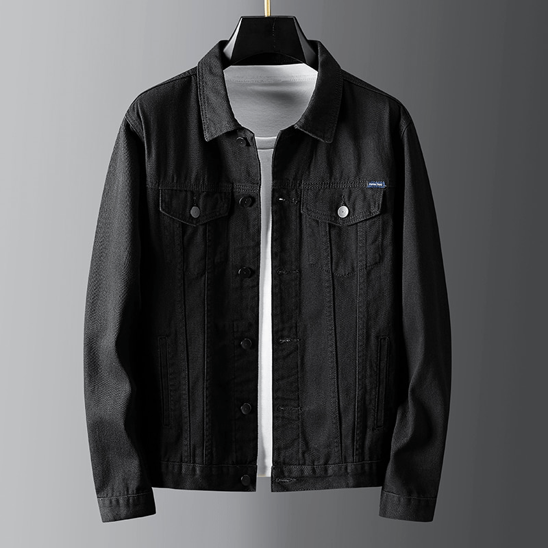 "Men's denim jacket front view with button-front closure, classic spread collar, and premium cotton fabric for style and comf