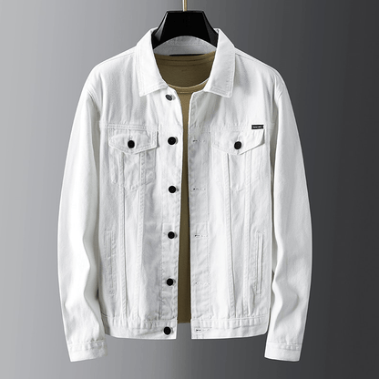 "Men's denim jacket front view with button-front closure, classic spread collar, and premium cotton fabric for style and comf