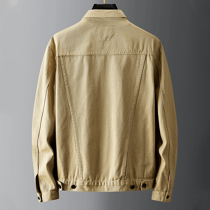 "Men's denim jacket front view with button-front closure, classic spread collar, and premium cotton fabric for style and comf