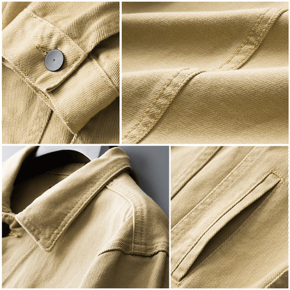 "Men's denim jacket front view with button-front closure, classic spread collar, and premium cotton fabric for style and comf