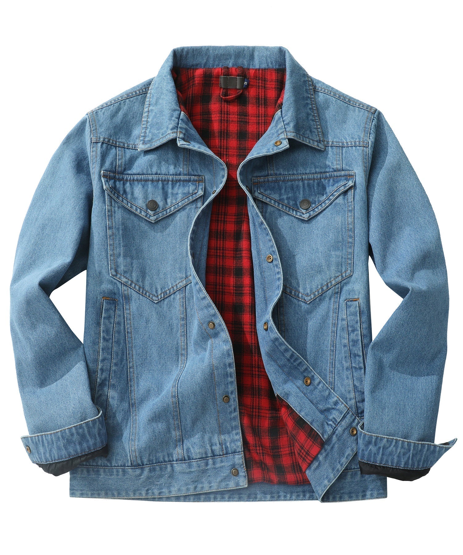 Men's denim wanderer jacket, flannel-lined, brown color, dual chest pockets, button-front closure, rugged and stylish.