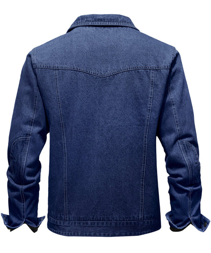 Men's denim wanderer jacket, flannel-lined, brown color, dual chest pockets, button-front closure, rugged and stylish.