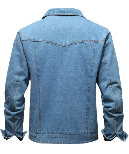 Men's denim wanderer jacket, flannel-lined, brown color, dual chest pockets, button-front closure, rugged and stylish.