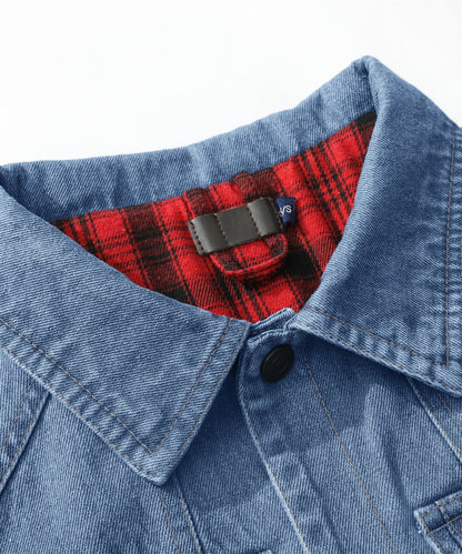 Men's denim wanderer jacket, flannel-lined, brown color, dual chest pockets, button-front closure, rugged and stylish.