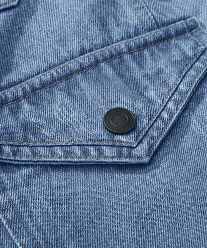 Men's denim wanderer jacket, flannel-lined, brown color, dual chest pockets, button-front closure, rugged and stylish.