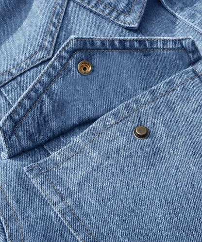 Men's denim wanderer jacket, flannel-lined, brown color, dual chest pockets, button-front closure, rugged and stylish.
