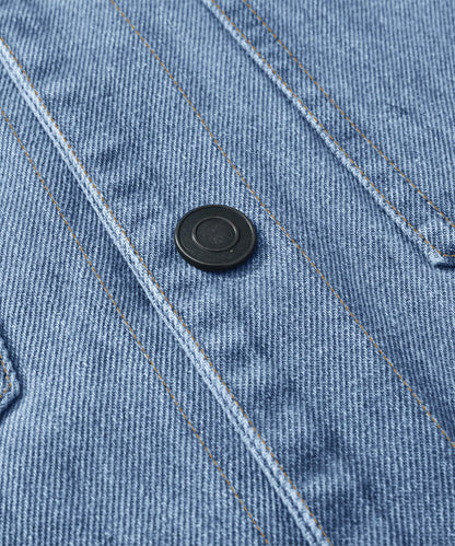 Men's denim wanderer jacket, flannel-lined, brown color, dual chest pockets, button-front closure, rugged and stylish.