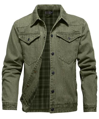 Men's denim wanderer jacket, flannel-lined, brown color, dual chest pockets, button-front closure, rugged and stylish.