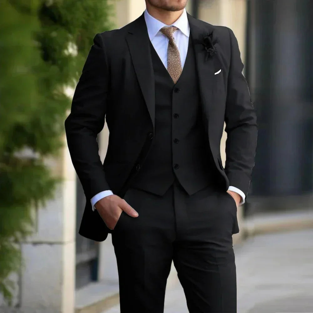 Men's elegant 3-piece slim fit suit in beige; includes blazer, vest, trousers. Ideal for formal occasions. Sophisticated styl