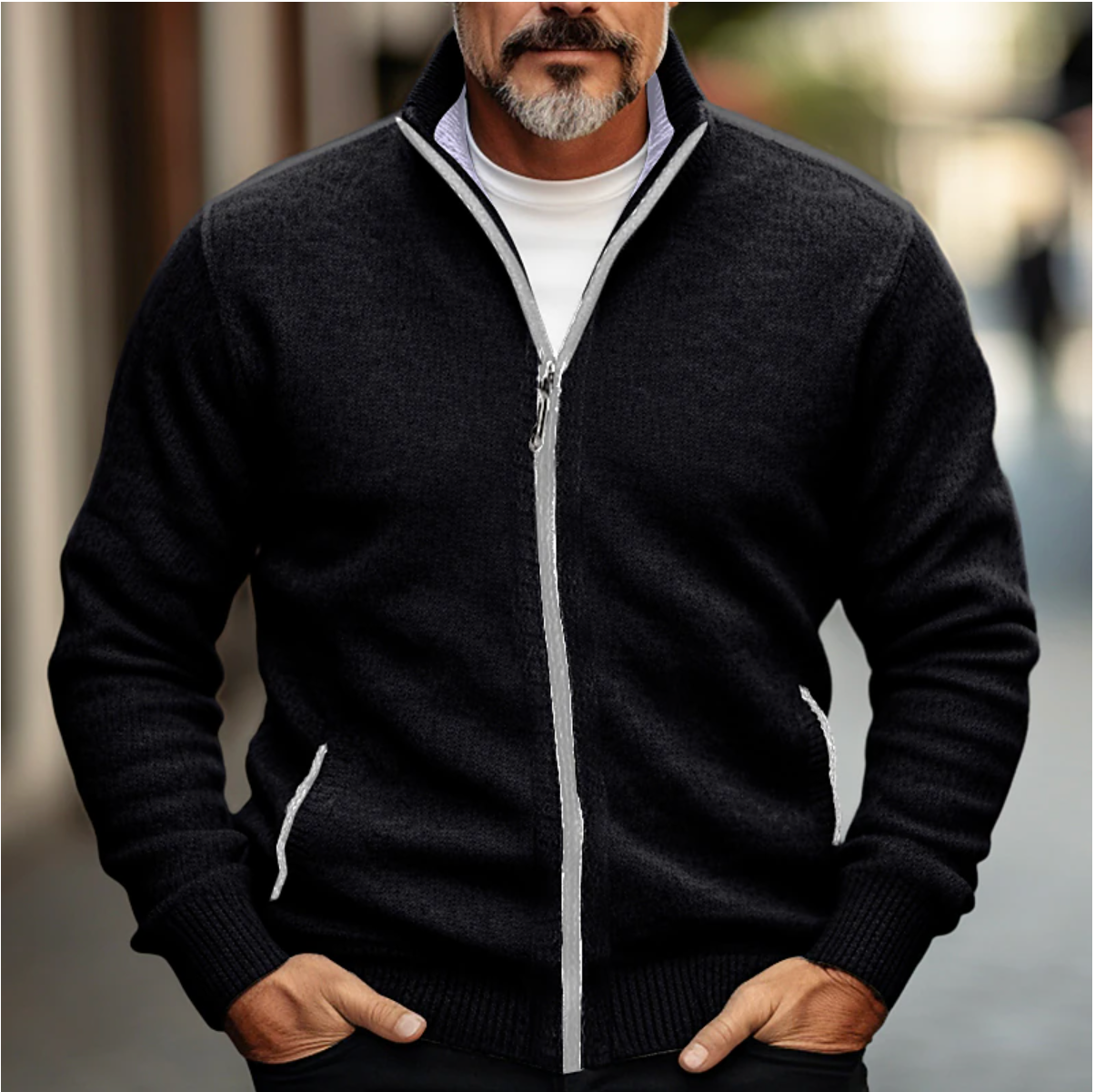 "Men's elegant cardigan sweater in classic style, soft material, available in multiple colors, perfect for autumn-winter."