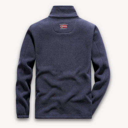 "Men's fleece jacket with full-zip front, thermal lining, in navy, side view against a white background."