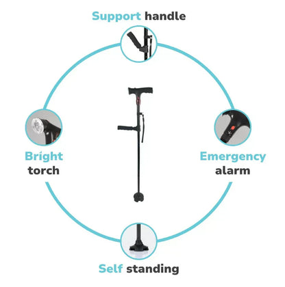 "Men's folding cane with LED light, dual handle, self-standing base; sleek design enhances mobility and safety."