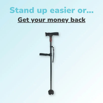 "Men's folding cane with LED light, dual handle, self-standing base; sleek design enhances mobility and safety."