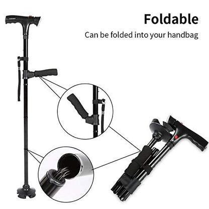 "Men's folding cane with LED light, dual handle, self-standing base; sleek design enhances mobility and safety."