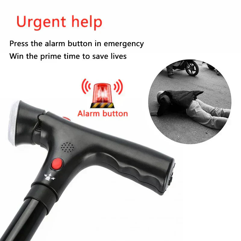 "Men's folding cane with LED light, dual handle, self-standing base; sleek design enhances mobility and safety."
