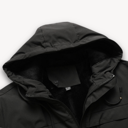 "Men's green waterproof hooded jacket for stylish and durable outerwear. Features sleek design and multi-pocket functionality