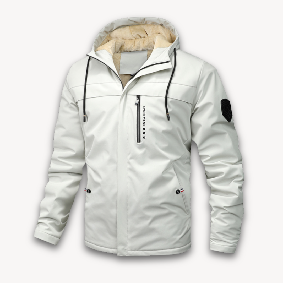 "Men's green waterproof hooded jacket for stylish and durable outerwear. Features sleek design and multi-pocket functionality